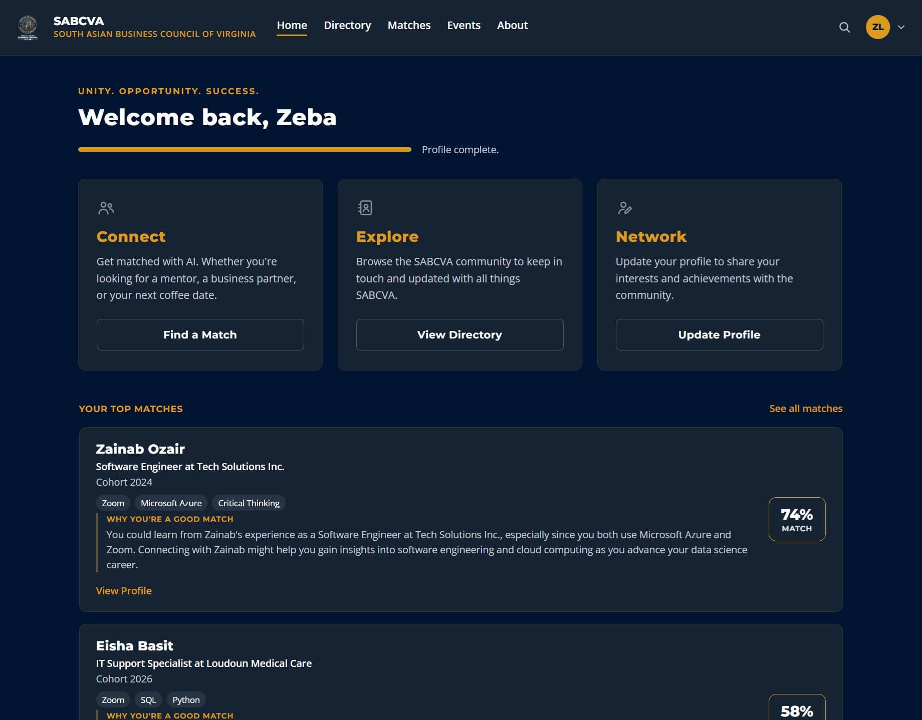 SABCVA Alumni & Intern Platform home screen showing AI-ranked top matches, each with a match score and a generated explanation